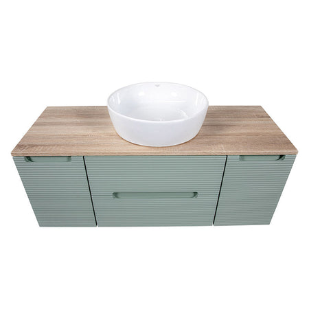 Tailored Bathrooms Monza Plus Fluted Wall Hung 1200mm Vanity Unit with 2 Side Cabinets & Counter Top (1 size, Aloe Green/Country Oak) - Brand New Bathrooms