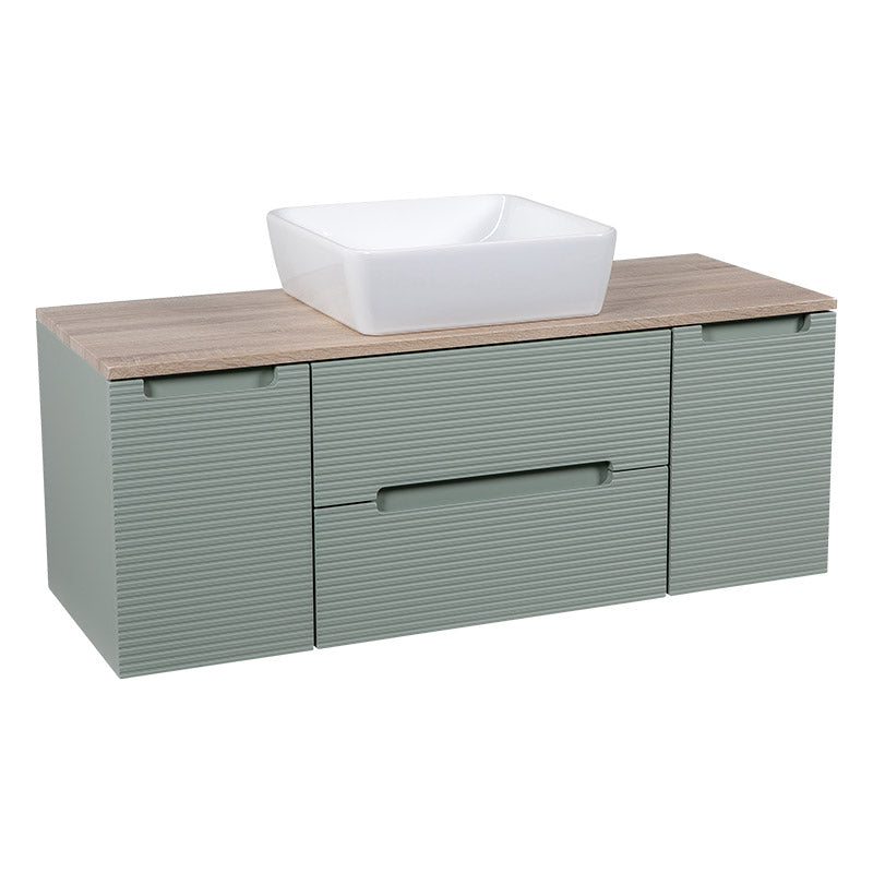 Tailored Bathrooms Monza Plus Fluted Wall Hung 1200mm Vanity Unit with 2 Side Cabinets & Counter Top (1 size, Aloe Green/Country Oak) - Brand New Bathrooms