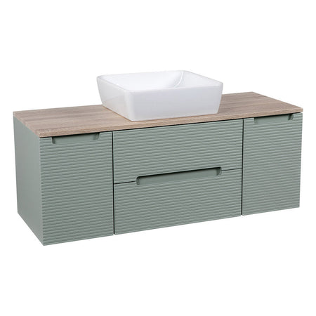 Tailored Bathrooms Monza Plus Fluted Wall Hung 1200mm Vanity Unit with 2 Side Cabinets & Counter Top (1 size, Aloe Green/Country Oak) - Brand New Bathrooms