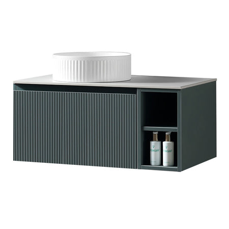 Tailored Bathrooms Flauto Wall Hung 800mm Vanity with Side Storage & Left Hand Sintered Stone Counter Top (1 size, 4 colours) - Brand New Bathrooms