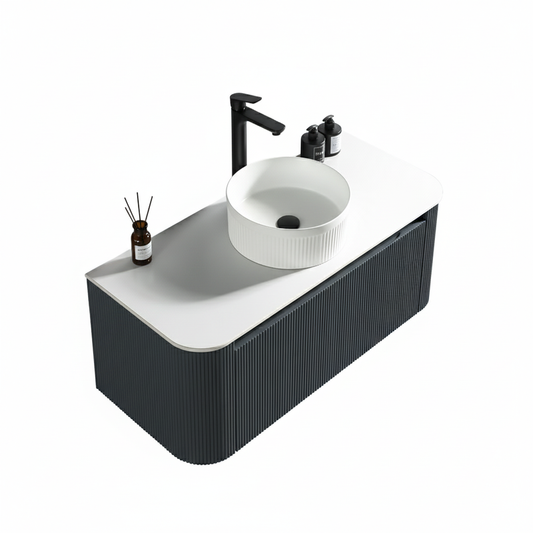 Tailored Bathrooms Flauto 1070mm Wall Hung Curved Corner Vanity Unit with Sintered Stone Counter Top (1 size, 4 colours)
