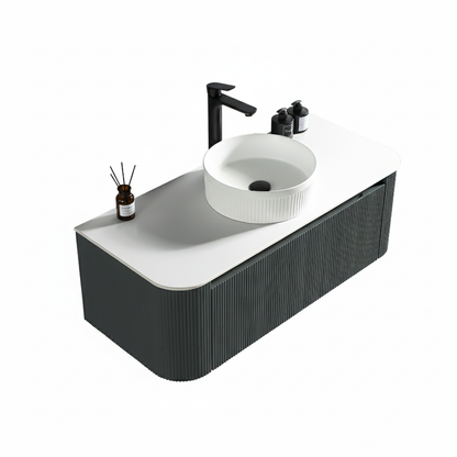 Tailored Bathrooms Flauto 1070mm Wall Hung Curve Corner  Vanity with Sintered Stone Counter Top (1 size, 4 colours) - Brand New Bathrooms