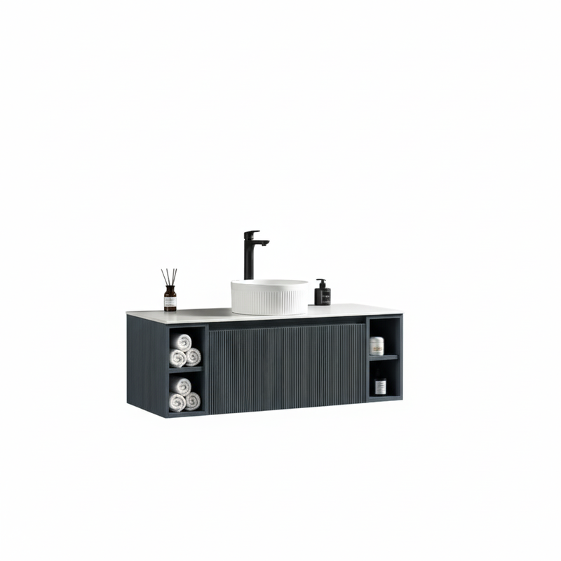 Tailored Bathrooms Flauto 1200mm Wall Hung Vanity w. 2 Side Storage & Sintered Stone Counter Top (1 size, 4 colours) - Brand New Bathrooms