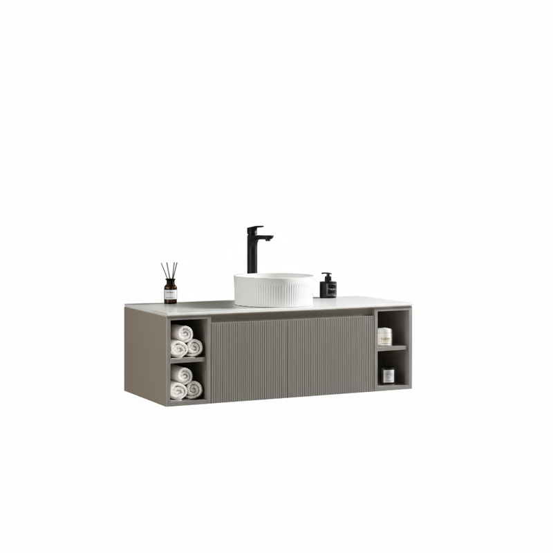 Tailored Bathrooms Flauto 1200mm Wall Hung Vanity w. 2 Side Storage & Sintered Stone Counter Top (1 size, 4 colours) - Brand New Bathrooms
