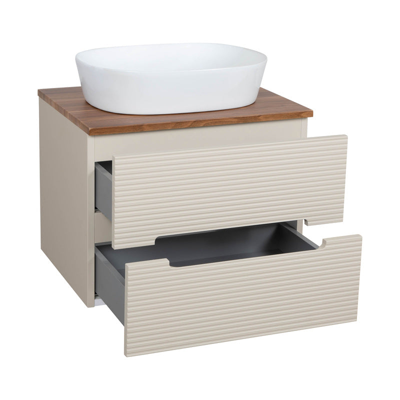 Tailored Bathrooms Monza Plus Fluted Wall Hung 600mm Vanity Unit & Counter Top (1 size, Warm Oatmeal/Cali Walnut) - Brand New Bathrooms
