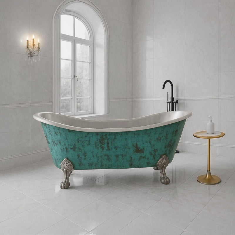 Coppersmith Creations Clawfoot Copper Verdigris Patina Exterior & Tin Interior Double Slipper Bathtub  (1 Size, Patina) - Brand New Bathrooms
