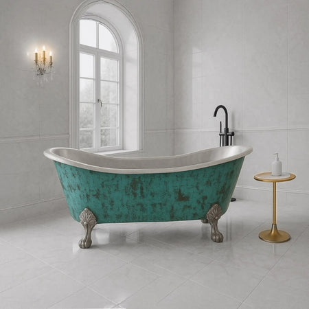 Coppersmith Creations Clawfoot Copper Verdigris Patina Exterior & Tin Interior Double Slipper Bathtub  (1 Size, Patina) - Brand New Bathrooms