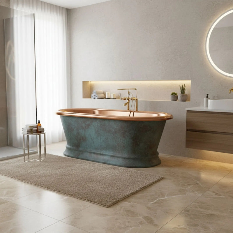 Coppersmith Creations Pedestal Copper Bathtub (2 sizes, Patina Exterior, Polished Copper Interior) - Brand New Bathrooms