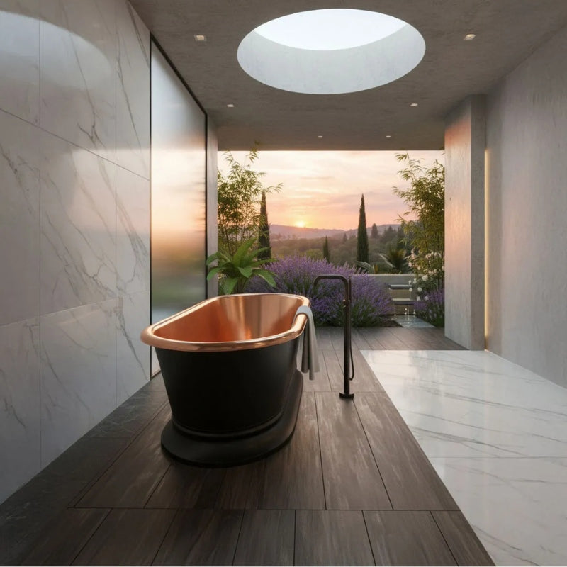 Coppersmith Creations Pedestal Copper Bathtub (2 sizes, Black Exterior, Polished Copper Interior) - Brand New Bathrooms