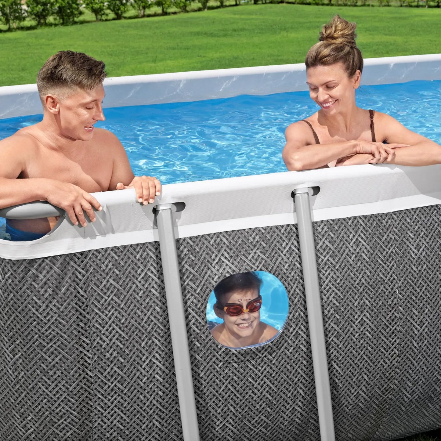 Bestway 16ft x 8ft x 48" Rectangular Steel Pro MAX™ Splashview Above Ground Swimming Pool, Filter Pump & Accessories