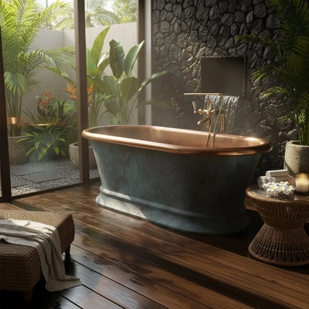 Coppersmith Creations Pedestal Copper Bathtub (2 sizes, Patina Exterior, Polished Copper Interior) - Brand New Bathrooms