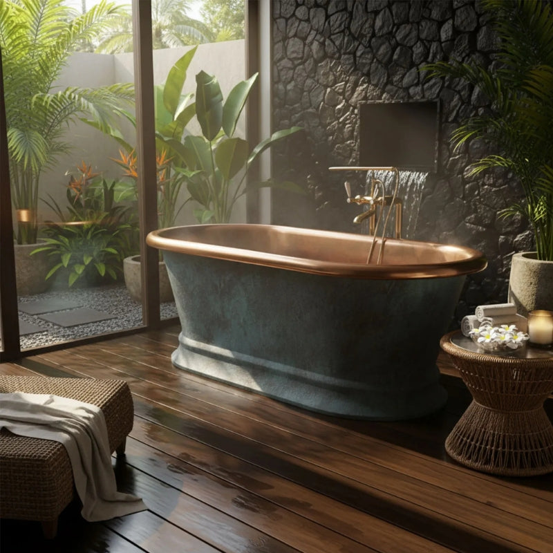 Coppersmith Creations Pedestal Copper Bathtub (2 sizes, Patina Exterior, Polished Copper Interior) - Brand New Bathrooms
