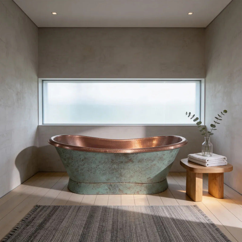 Coppersmith Creations Slanting Base Copper Bathtub (1 size, Hammered Antique Copper Interior & Patina Exterior ) - Brand New Bathrooms