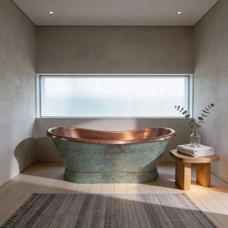 Coppersmith Creations Slanting Base Copper Bathtub (1 size, Hammered Antique Copper Interior & Patina Exterior ) - Brand New Bathrooms
