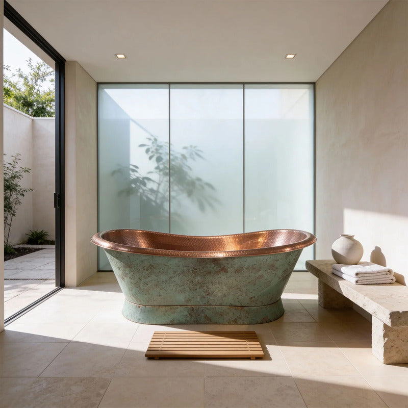 Coppersmith Creations Slanting Base Copper Bathtub (1 size, Hammered Antique Copper Interior & Patina Exterior ) - Brand New Bathrooms