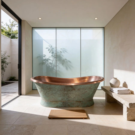 Coppersmith Creations Slanting Base Copper Bathtub (1 size, Hammered Antique Copper Interior & Patina Exterior ) - Brand New Bathrooms