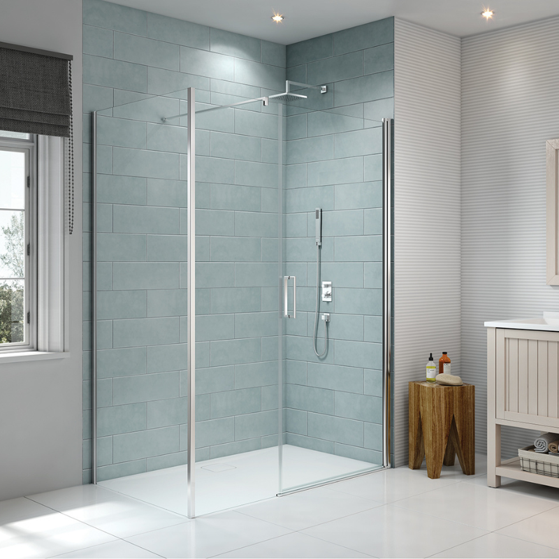 Merlyn 8 Series Frameless | Pivot Shower Door and Inline Panel (15 Sizes, Chrome)
