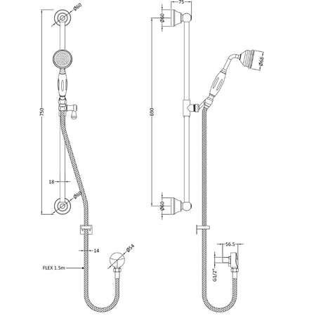 Nuie Traditional Slider Rail Kit (1 size, Chrome) - Brand New Bathrooms
