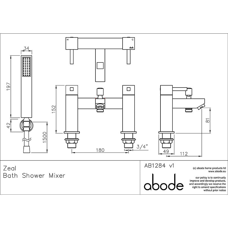 Abode Zeal Deck Mounted Bath & Shower Mixer with Shower Handset (Chrome)