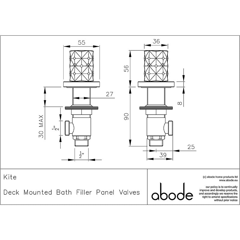 Abode Kite Deck Mounted Bath Filler Panel Valves (1 size, 2 colours)