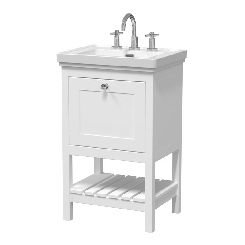 Hudson Reed Bexley 500mm Pure White Floor Standing 1 Drawer Vanity Unit with 3 Tap Hole Fireclay Basin(1 size, 1 colour) - Brand New Bathrooms