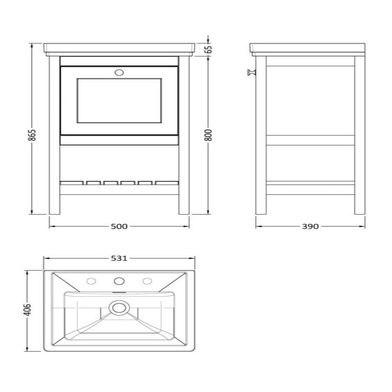 Hudson Reed Bexley 500mm Pure White Floor Standing 1 Drawer Vanity Unit with 3 Tap Hole Fireclay Basin(1 size, 1 colour) - Brand New Bathrooms