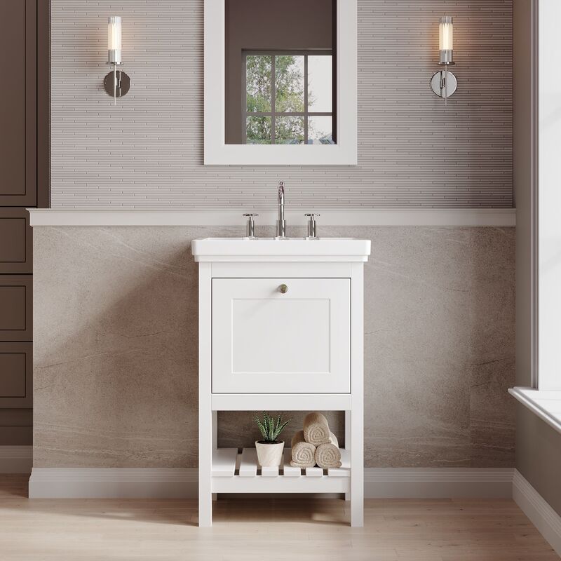 Hudson Reed Bexley 500mm Pure White Floor Standing 1 Drawer Vanity Unit with 3 Tap Hole Fireclay Basin(1 size, 1 colour) - Brand New Bathrooms