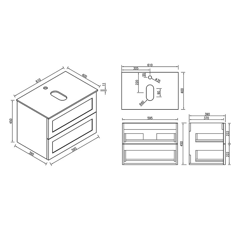 Tailored Bathrooms Bakewell Wall Hung Vanity Unit with Sintered Stone Counter Top (1 size, 3 colours) - Brand New Bathrooms