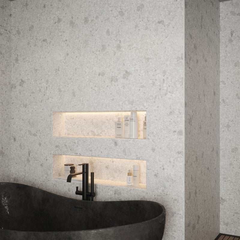Bushboard Nuance Terrazzo White 2420 x 1220mm Postformed Wall Panel - Brand New Bathrooms