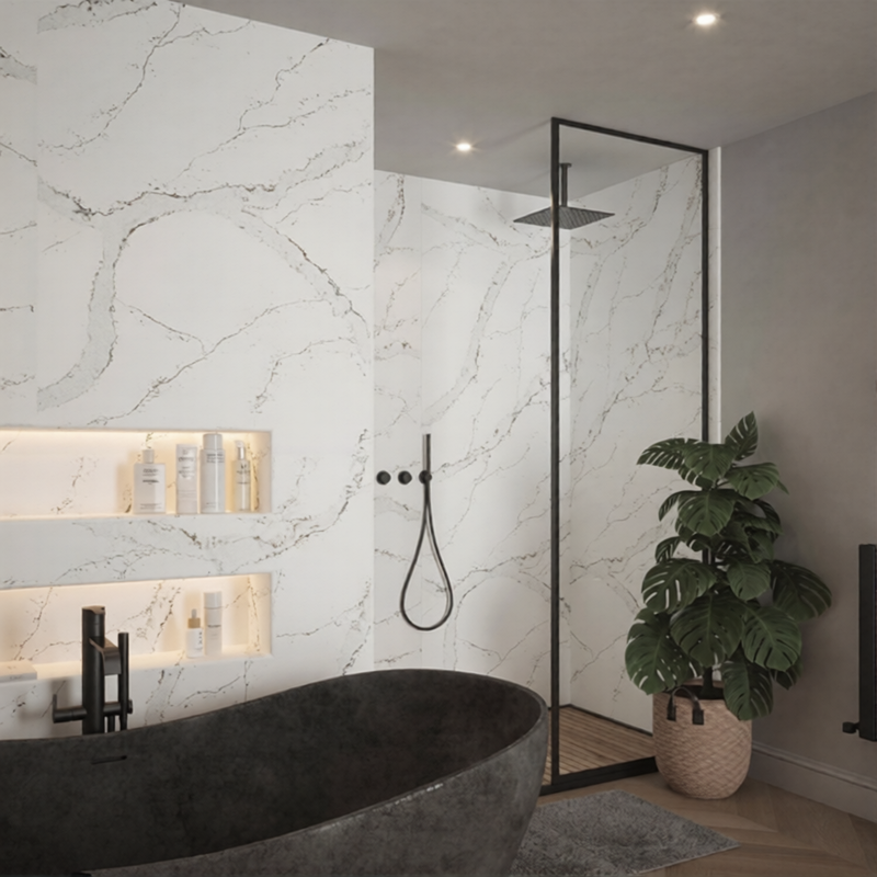 Bushboard Nuance Calacatta Volegno 2420 x 1200mm Postformed Wall Panel - Brand New Bathrooms