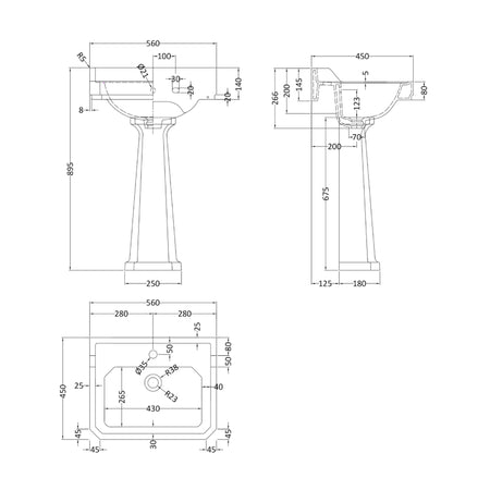 Hudson Reed Richmond 560mm Basin & Pedestal (1 size, White) - Brand New Bathrooms