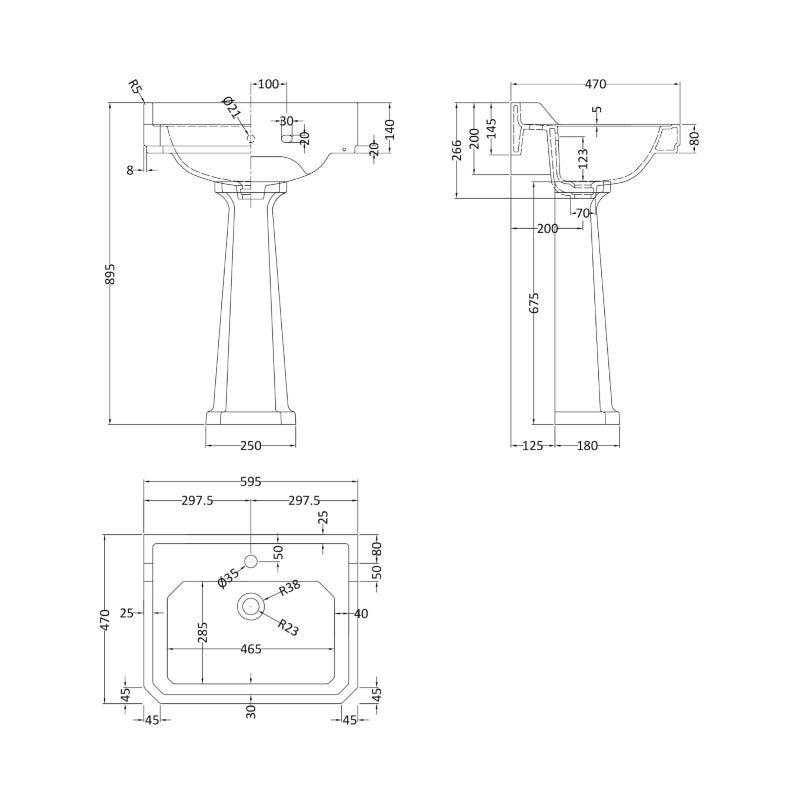 Hudson Reed Richmond Traditional 600mm 1 Tap Hole Basin & Pedestal (1 size, White) - Brand New Bathrooms