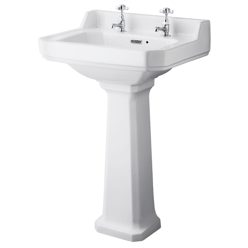 Hudson Reed Richmond 565mm Traditional 2 Tap Hole Basin & Pedestal (1 size, White) - Brand New Bathrooms