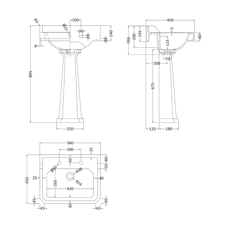Hudson Reed Richmond 565mm Traditional 2 Tap Hole Basin & Pedestal (1 size, White) - Brand New Bathrooms