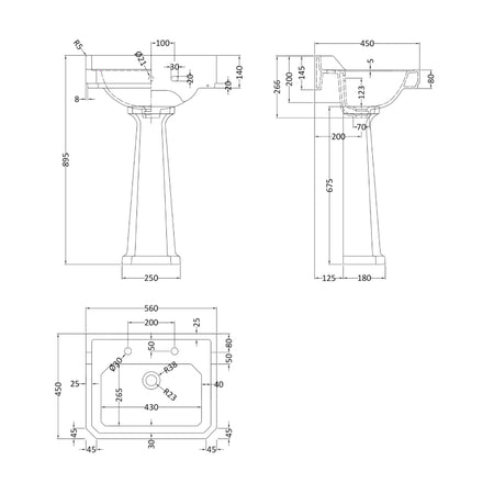 Hudson Reed Richmond 565mm Traditional 2 Tap Hole Basin & Pedestal (1 size, White) - Brand New Bathrooms