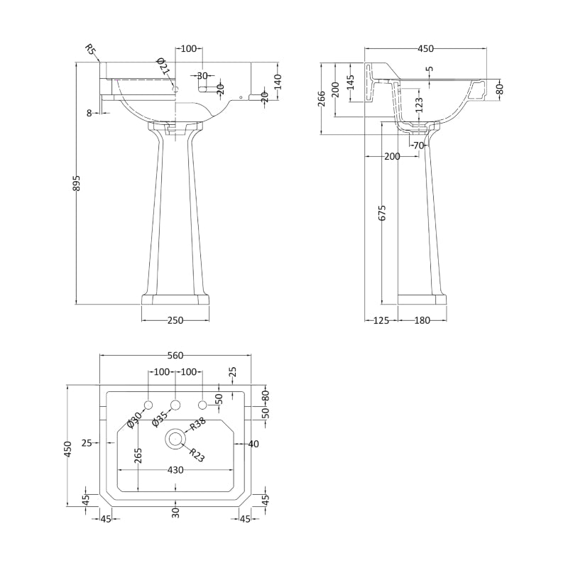 Hudson Reed Richmond 560mm 3 Tap Hole Basin & Pedestal (1 size, White) - Brand New Bathrooms