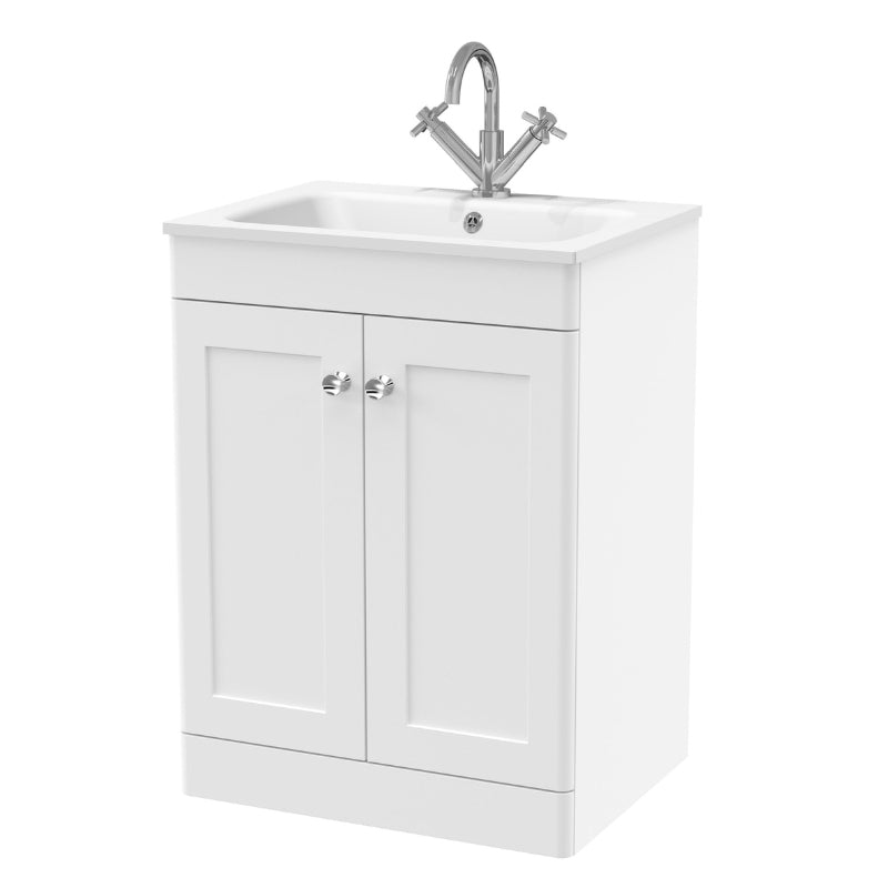 Nuie Classique Floor Standing Vanity Unit With 1 Tap Hole Stone Basin (2 sizes, White) - Brand New Bathrooms