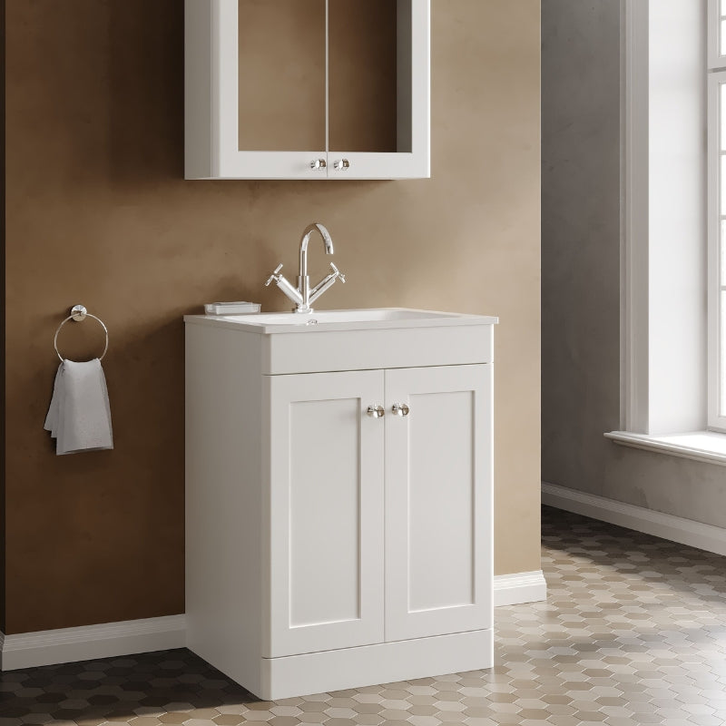 Nuie Classique Floor Standing Vanity Unit With 1 Tap Hole Stone Basin (2 sizes, White) - Brand New Bathrooms