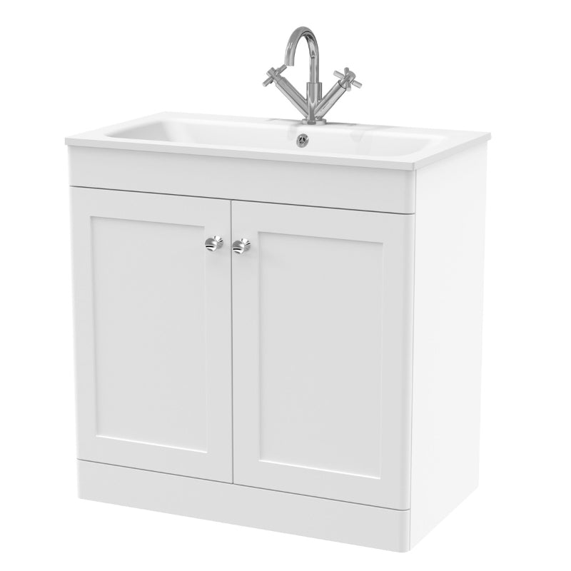 Nuie Classique Floor Standing Vanity Unit With 1 Tap Hole Stone Basin (2 sizes, White) - Brand New Bathrooms
