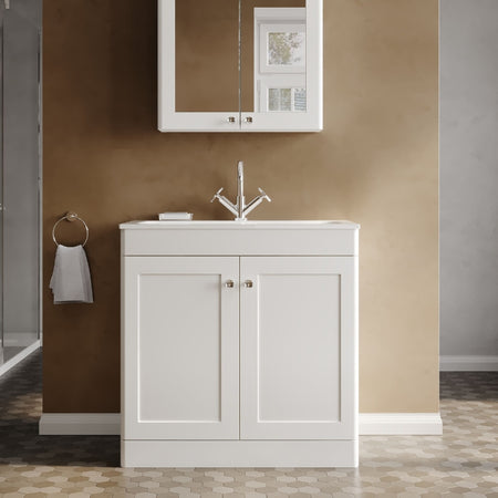 Nuie Classique Floor Standing Vanity Unit With 1 Tap Hole Stone Basin (2 sizes, White) - Brand New Bathrooms