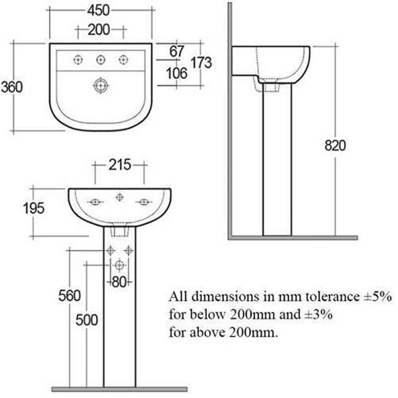 RAK Ceramics Compact Pedestal Basin - 1 Tap Hole (2 sizes, White) BASIN ONLY - Brand New Bathrooms