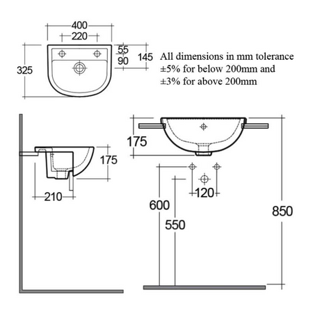RAK Ceramics Compact 325mm Semi Recessed Basin with 1 Tap Hole (1 size, 2 styles, White) - Brand New Bathrooms