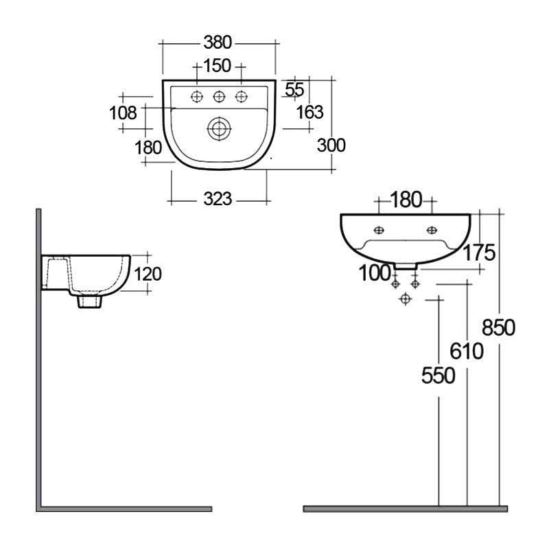 RAK Ceramics Compact 380mm Wall Hung Basin (1 size, 3 styles, White) - Brand New Bathrooms