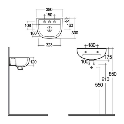 RAK Ceramics Compact 380mm Wall Hung Basin (1 size, 3 styles, White) - Brand New Bathrooms