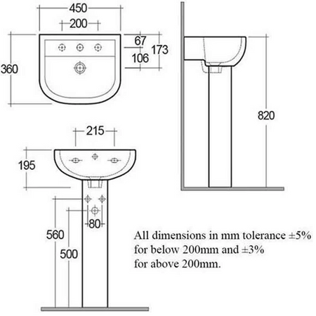RAK Ceramics Compact Pedestal Basin with 2 Tap Holes (2 sizes, White) BASIN ONLY - Brand New Bathrooms