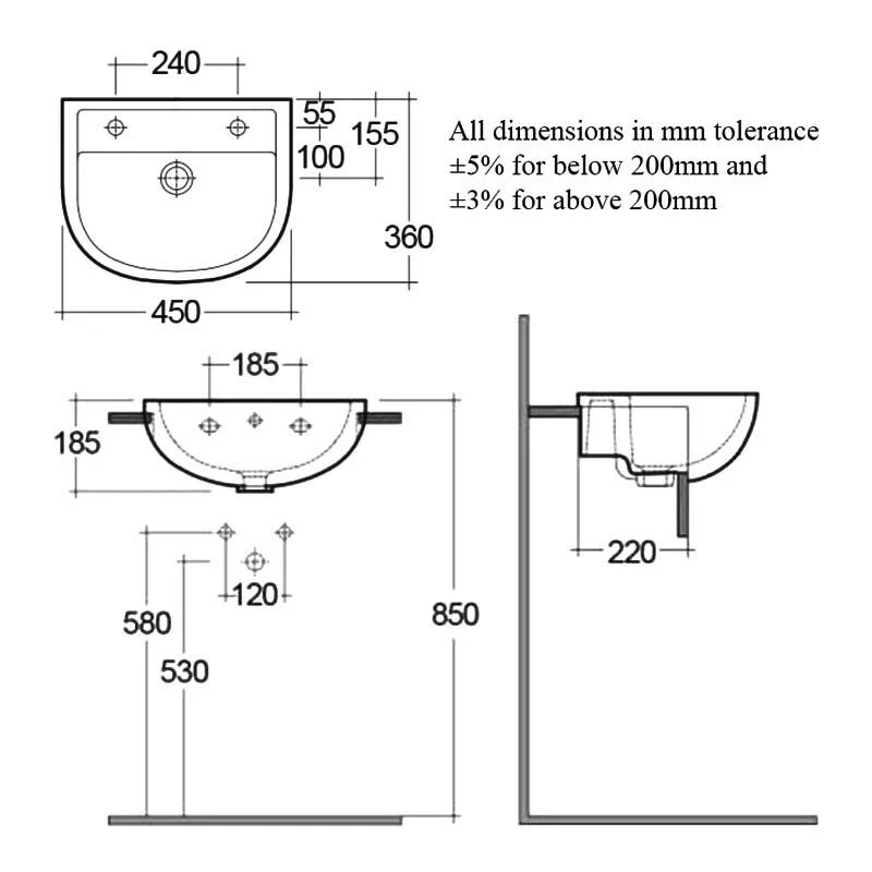 RAK Ceramics Compact Semi Recessed Basin (1 size, 2 styles, White) - Brand New Bathrooms