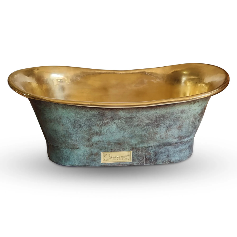 Coppersmith Creations Straight Base Brass Bathtub (1 size, Blue Green Patina Exterior, Polished Brass Interior) - Brand New Bathrooms