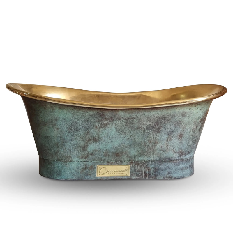 Coppersmith Creations Straight Base Brass Bathtub (1 size, Blue Green Patina Exterior, Polished Brass Interior) - Brand New Bathrooms