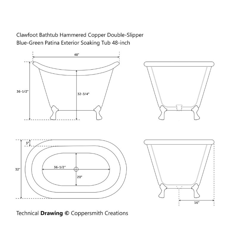 Coppersmith Creations Clawfoot Hammered Copper Double Slipper 48" Soaking Tub (1 size, Blue-Green Patina Exterior) - Brand New Bathrooms