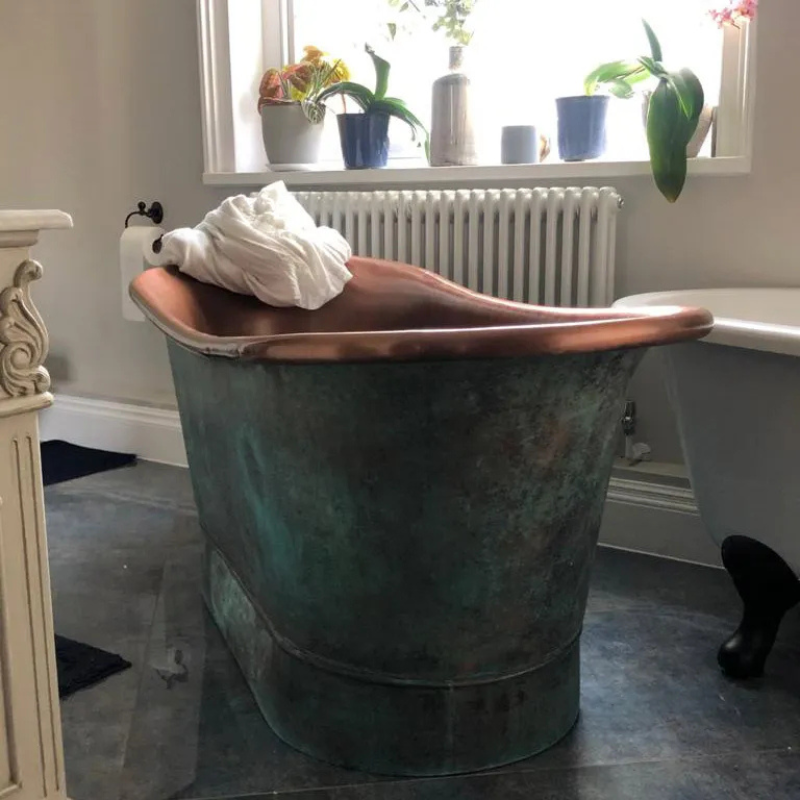 Coppersmith Creations Copper Bathtub with Beading on Base (1 size, Antique Copper Interior, Blue-Green Patina Exterior) - Brand New Bathrooms